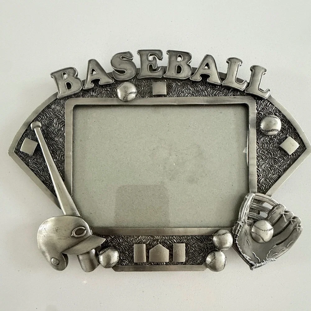 Vintage Baseball Pewter Style Picture Frame‎ Sports Theme 3D Mitt Bat Helmet